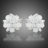 KHAISTA milky white CZ flower clip earrings on white background