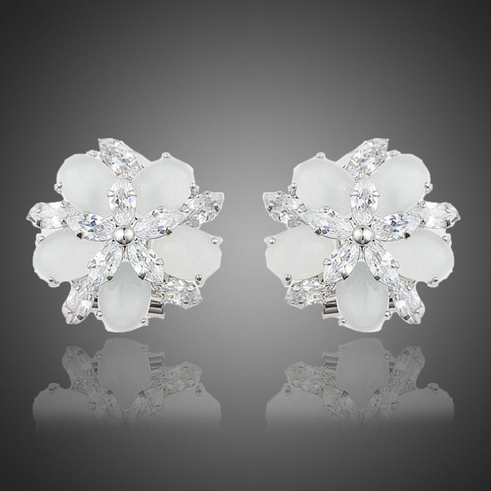 Milky White Cubic Zirconia Flower Clip Earrings - KHAISTA Fashion Jewellery