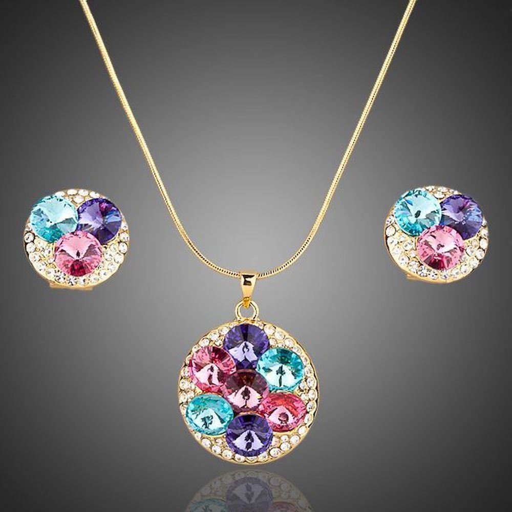 Multi Color Round Crystals Stud Earrings + Pendant Necklace Set - KHAISTA Fashion Jewellery