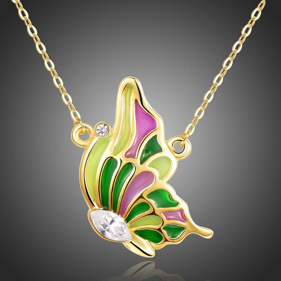 KHAISTA multicolour crystal butterfly necklace on white background