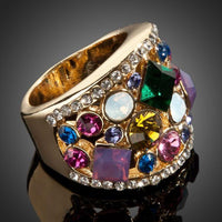Detailed macro close up view of the brilliant stone settings on this premium multicolor crystal cluster ring
