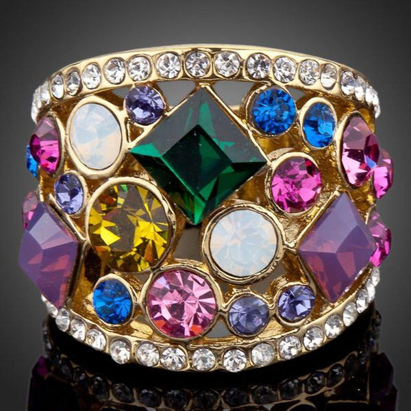 Premium luxury multicolor crystal cluster ring design displayed on a clean white background