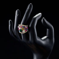 Side angle view highlighting the comfortable band silhouette of the luxury multicolor crystal cluster ring