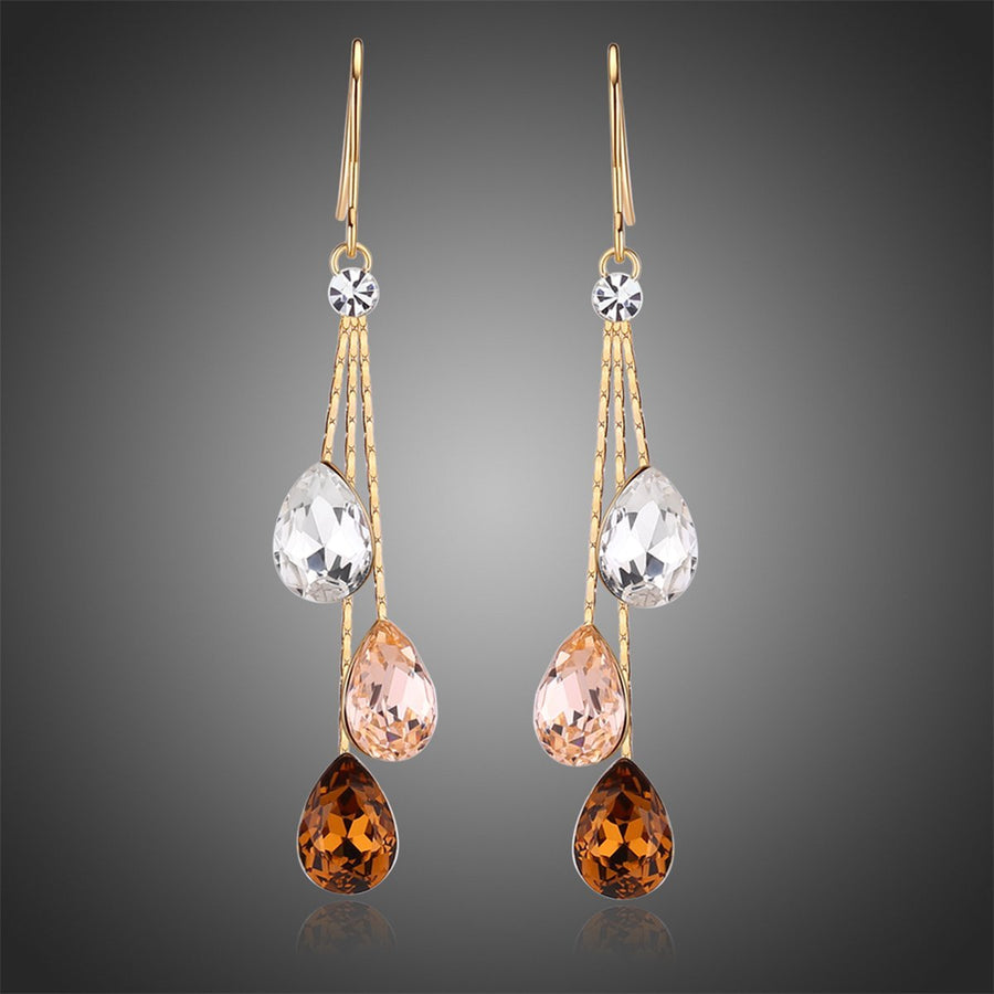 KHAISTA multicolour waterdrop dangle earrings on white background