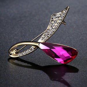 Orange Red Austrian Crystals Double Leaf Brooch Pin - KHAISTA Fashion Jewellery
