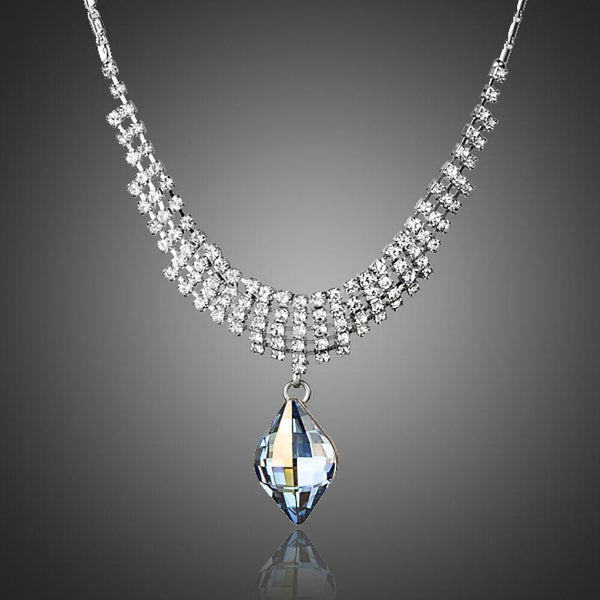 KHAISTA party wear waterdrop crystal pendant necklace on white background