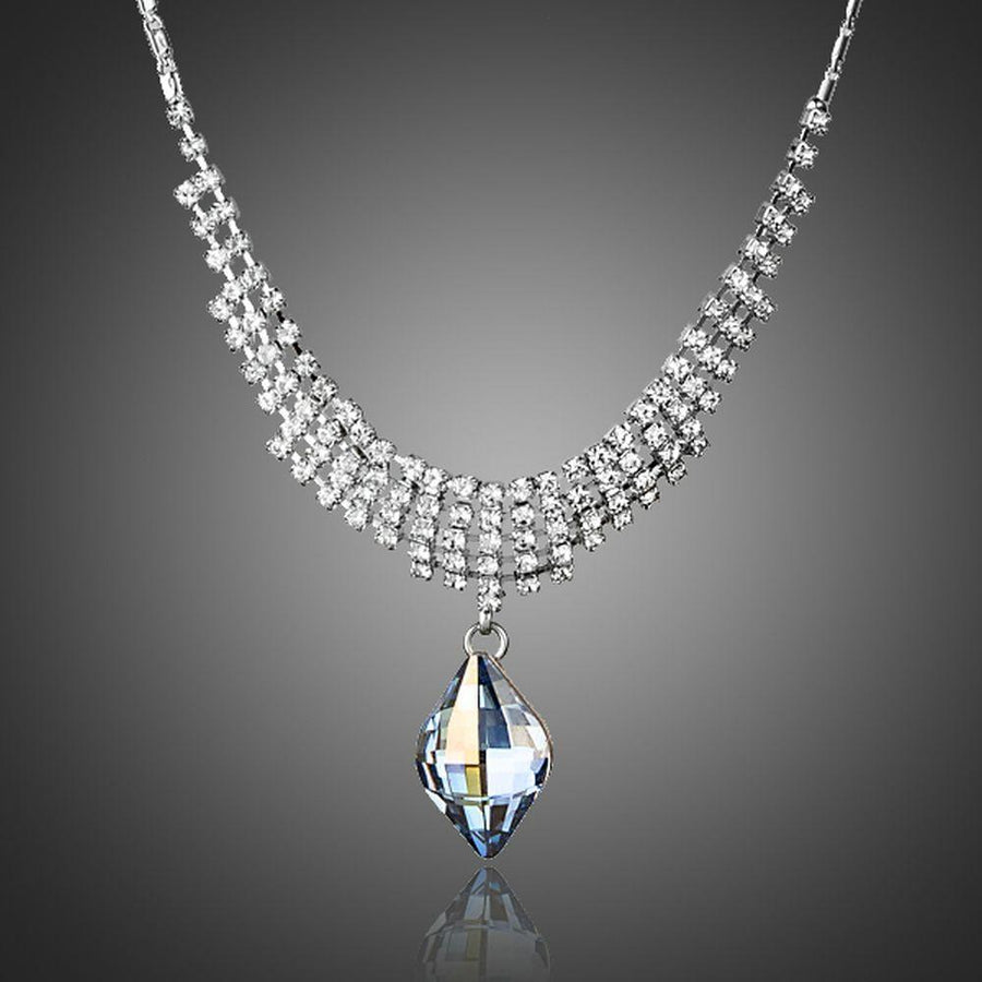 KHAISTA party wear waterdrop crystal pendant necklace on white background