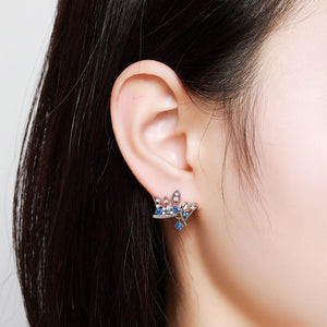 Paved Blue Cubic Zirconia Crown Stud Earrings -KFJE0419 - KHAISTA5