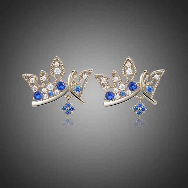 KHAISTA paved blue CZ crown stud earrings on white background