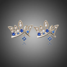 Load image into Gallery viewer, Paved Blue Cubic Zirconia Crown Stud Earrings -KFJE0419 - KHAISTA1
