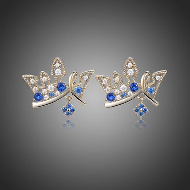 Paved Blue Cubic Zirconia Crown Stud Earrings -KFJE0419 - KHAISTA1