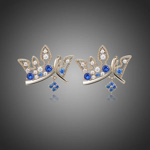 Paved Blue Cubic Zirconia Crown Stud Earrings -KFJE0419 - KHAISTA1