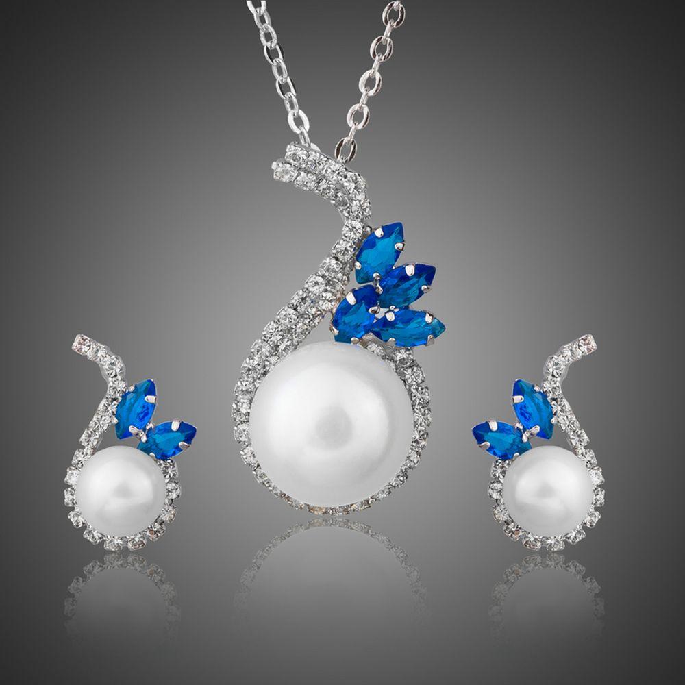 Pearl Fashion Blue CZ Flower Stud Earrings and Necklace Set - KHAISTA Fashion Jewellery