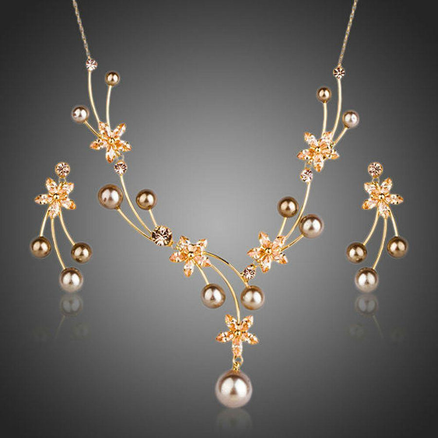 Khaista pearl floral drop earrings necklace set on white background