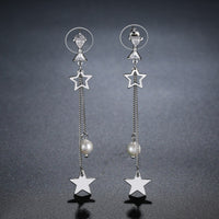 clear CZ pearl pentagram drop earrings detail view by KHAISTA