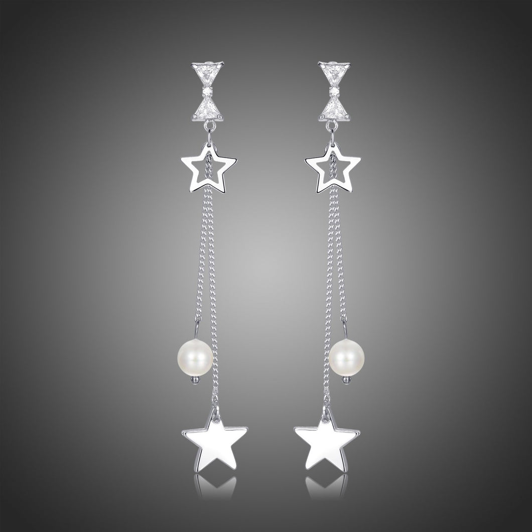 Pentagram Clear Cubic Zirconia Pearl Drop Earrings -KPE0402 - KHAISTA