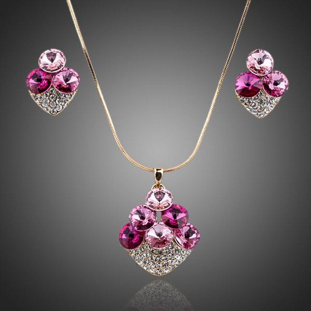 Pink Leaf Clover Litchi Stellux Austrian Crystal Earrings and Necklace Set - KHAISTA Fashion Jewellery