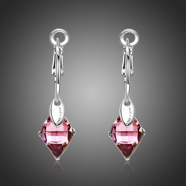 KHAISTA purple Austrian crystal drop earrings on white background