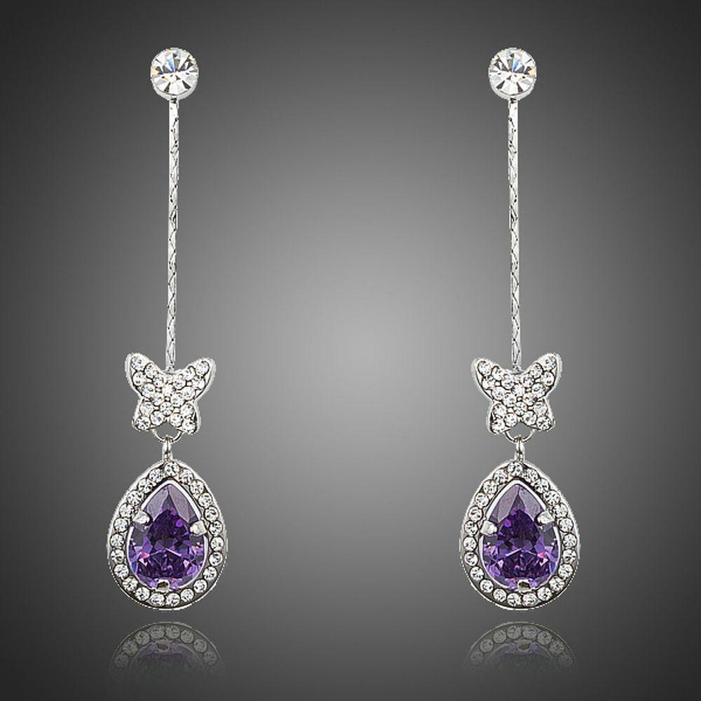 Purple Butterfly Zirconia Drop Earrings - KHAISTA Fashion Jewellery
