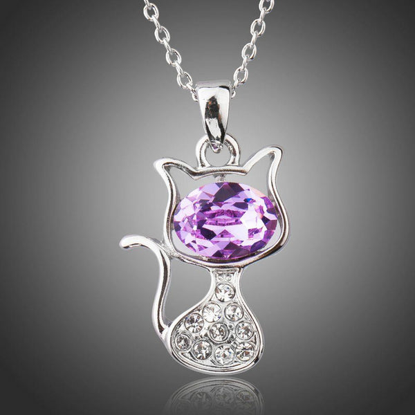 KHAISTA purple crystal cat pendant necklace on white background