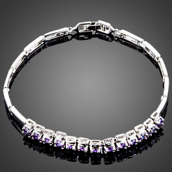 KHAISTA purple crystal charm cuff bracelet on white background