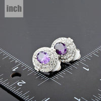 purple crystal dome stud earrings detail view by KHAISTA