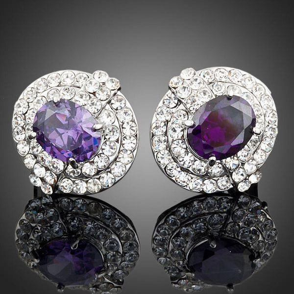 KHAISTA purple crystal dome stud earrings on white background