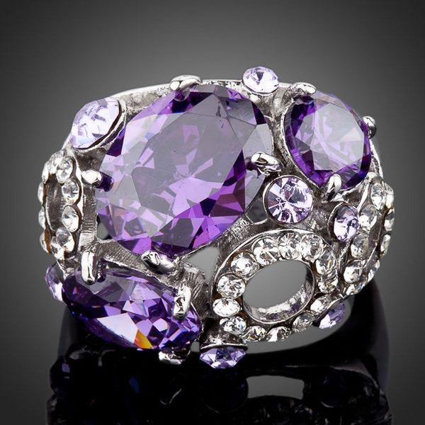 KHAISTA purple crystal fashion ring on white background