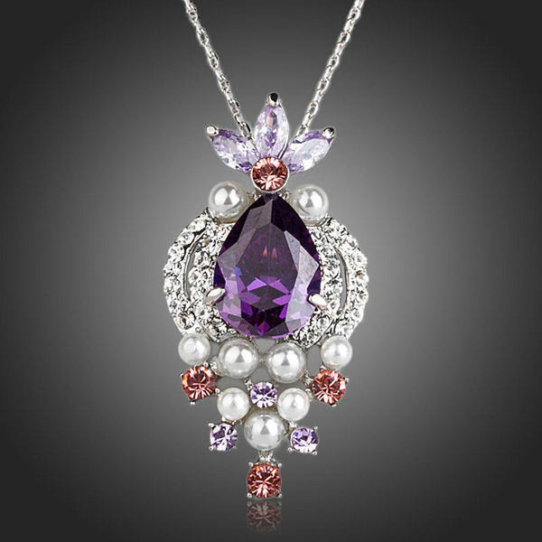 KHAISTA purple CZ imitation pearl necklace on white background