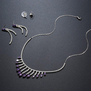 Purple Cubic Zirconia Long Tassel Statement Necklace Earrings Set - KHAISTA Fashion Jewellery