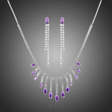Load image into Gallery viewer, Purple Cubic Zirconia Long Tassel Statement Necklace Earrings Set - KHAISTA Fashion Jewellery
