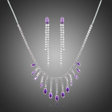 Purple Cubic Zirconia Long Tassel Statement Necklace Earrings Set - KHAISTA Fashion Jewellery