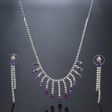 Load image into Gallery viewer, Purple Cubic Zirconia Long Tassel Statement Necklace Earrings Set - KHAISTA Fashion Jewellery
