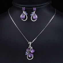 Load image into Gallery viewer, Purple Cubic Zirconia Water Drop Earrings and Necklace Jewelry Set - KHAISTA Fashion Jewellery
