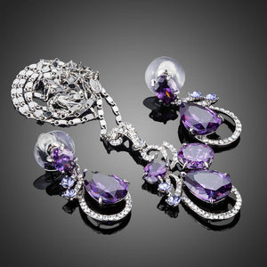 Purple Cubic Zirconia Water Drop Earrings and Necklace Jewelry Set - KHAISTA Fashion Jewellery