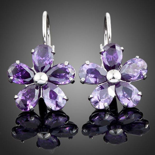 KHAISTA purple daisy crystal stud earrings on white background