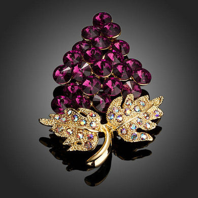 Purple Grapes Bunch with Diamante Leaves Brooch Pin - KHAISTA Fashion Jewellery
