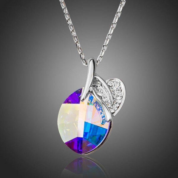 KHAISTA purple leaf drop crystal necklace on white background