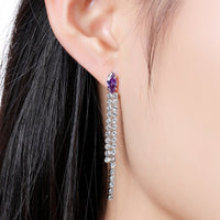 purple crystal tassel dangle earrings detail view by KHAISTA
