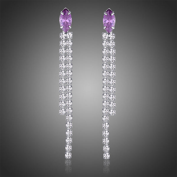 KHAISTA purple crystal tassel dangle earrings on white background