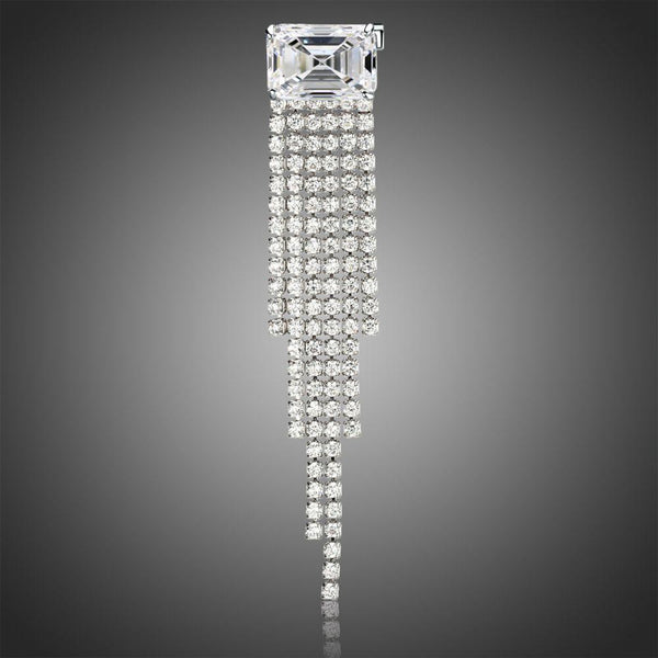 Khaista clear CZ rectangle tassel brooch on white background