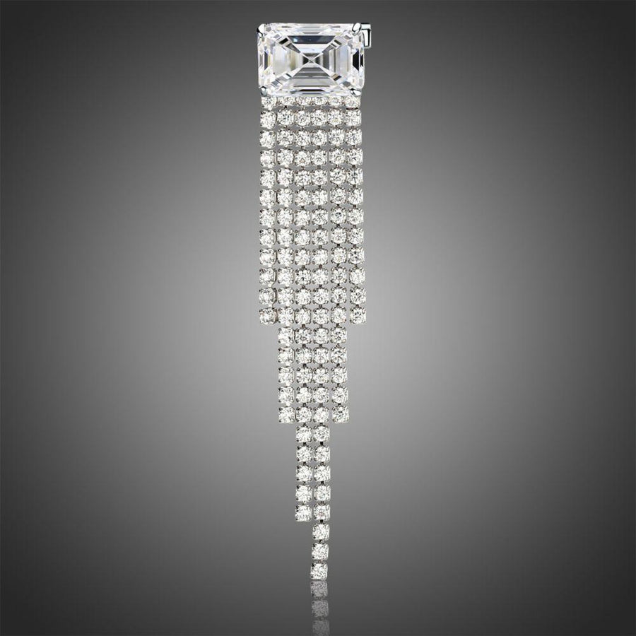 Khaista clear CZ rectangle tassel brooch on white background
