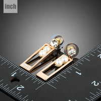 rose gold rectangle pearl drop earrings detail view by KHAISTA