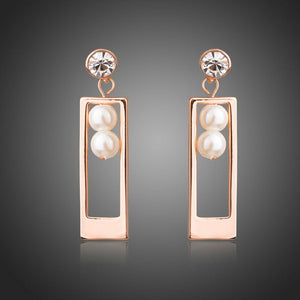 Rectangle Shape Rose Gold Color Pearl Drop Earrings - KHAISTA Fashion Jewellery