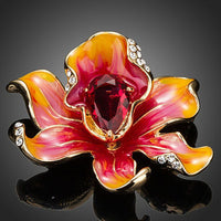 Khaista deep red oil paint flower brooch on white background