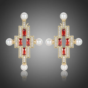 Red Cross Pearl Stud Earrings -KPE0387 - KHAISTA Fashion Jewellery
