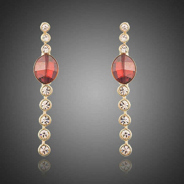Khaista Red Crystal Oval Dangle Drop Earrings on white background