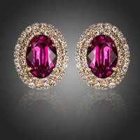 KHAISTA red CZ diamante oval stud earrings on white background