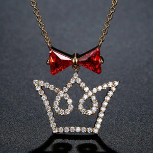 Red Cubic Zirconia Bowknot Crown Pendant Necklace -KFJN0293 - KHAISTA1