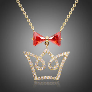 Red Cubic Zirconia Bowknot Crown Pendant Necklace -KFJN0293 - KHAISTA5